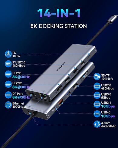 USB C Adapter HDMI USB Multiport Hub,8 in 2 Accessories with 4K@60hz HDMI,Thunderbolt 3,USB C and 3 USB A 3.0 Data Ports SD TF Card Reader, Audio (Grey) in Saudi Arabia