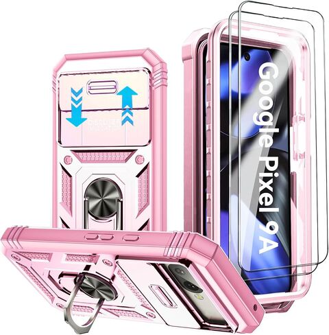 Case for Google Pixel 9A with Camera Cover & Magnetic Kickstand [2 Screen Protector],Military Shockproof Case for Google Pixel 9A 2025,Pink in Saudi Arabia
