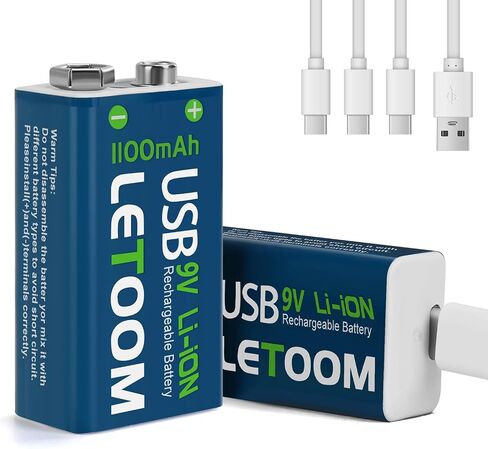 USB Rechargeable 9V Lithium Batteries, 1000mAh, Set for Smoke Detectors, Alarms, Toys, Flashlights (4 Pack) in Saudi Arabia