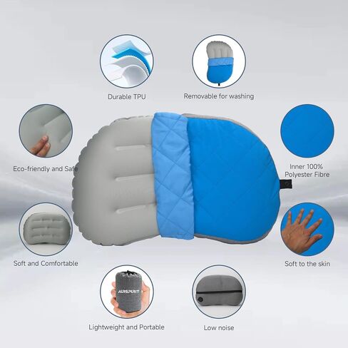 Ultralight Camping Pillow Inflatable with Removable Washable Cover, Compact Travel Pillow for Neck Support, Hiking, Backpacking, Office, Airplane, Car & Beach - Adjustable Firmness(Grey) in Saudi Arabia