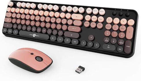 Wireless Keyboard and Mouse Combo, 104 Round Keys Cute Colorful Keyboard and Mouse with Retro Typewriter for PC/Mac/Laptop/Tablet/Computer/Windows Black in Saudi Arabia