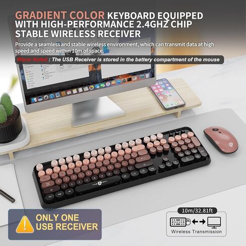 Wireless Keyboard and Mouse Combo, 104 Round Keys Cute Colorful Keyboard and Mouse with Retro Typewriter for PC/Mac/Laptop/Tablet/Computer/Windows Black in Saudi Arabia