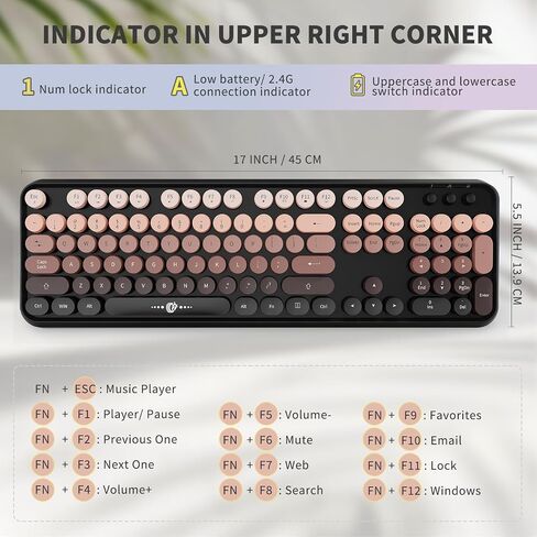 Wireless Keyboard and Mouse Combo, 104 Round Keys Cute Colorful Keyboard and Mouse with Retro Typewriter for PC/Mac/Laptop/Tablet/Computer/Windows Black in Saudi Arabia