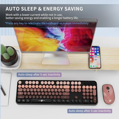 Wireless Keyboard and Mouse Combo, 104 Round Keys Cute Colorful Keyboard and Mouse with Retro Typewriter for PC/Mac/Laptop/Tablet/Computer/Windows Black in Saudi Arabia