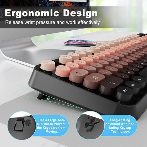 Wireless Keyboard and Mouse Combo, 104 Round Keys Cute Colorful Keyboard and Mouse with Retro Typewriter for PC/Mac/Laptop/Tablet/Computer/Windows Black in Saudi Arabia