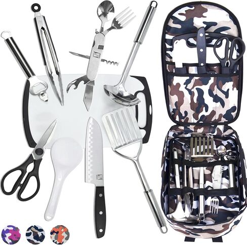 Wellmax 10-Piece Stainless Steel Camping Cooking Set – Compact All-in-One Cookware Kit with Utensils & Travel Bag for Campers, Hikers, Outdoor Adventures, Grey Camo Color in Kuwait
