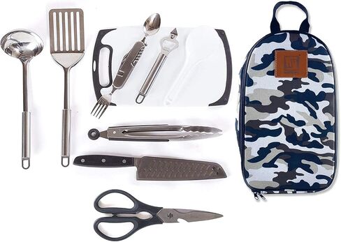 Wellmax 10-Piece Stainless Steel Camping Cooking Set – Compact All-in-One Cookware Kit with Utensils & Travel Bag for Campers, Hikers, Outdoor Adventures, Grey Camo Color in Kuwait