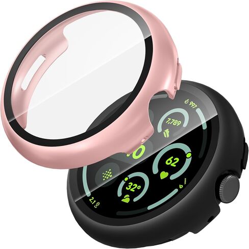 Suoman 2-Pack for Google Pixel Watch 3 45mm Case, 2.5D 9H Tempered Glass Screen Protector, All-Round Hard PC Protective Cover Bumper (Black+Black) in Saudi Arabia