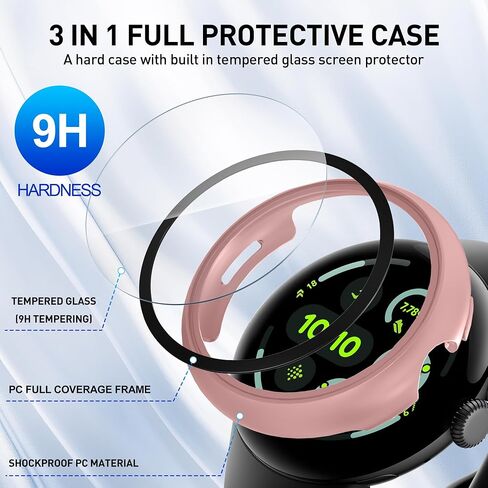 Suoman 2-Pack for Google Pixel Watch 3 45mm Case, 2.5D 9H Tempered Glass Screen Protector, All-Round Hard PC Protective Cover Bumper (Black+Black) in Saudi Arabia