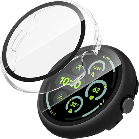 Suoman 2-Pack for Google Pixel Watch 3 45mm Case, 2.5D 9H Tempered Glass Screen Protector, All-Round Hard PC Protective Cover Bumper (Black+Black) in Saudi Arabia