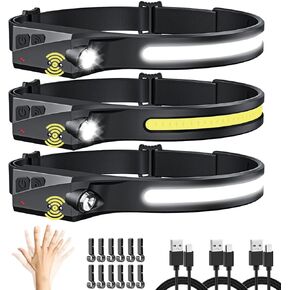 Headlamp Rechargeable 3Pack, LED Headlamp Flashlight with Motion Sensor, 230° COB Wide Beam Head Lamp, 5Mode Head Lights for Forehead Waterproof, Bright Headlamps for Adults Running Camping