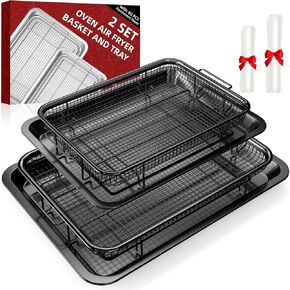Air Fryer Basket for Oven, 2 Set Oven Air Fryer Basket and Tray with 60 PCS Parchment Papers, DEGOVIN Crisper Tray Non-stick Stainless Steel Air Fry Pans for Convection Oven(15.8" × 11" & 13" × 9.7")
