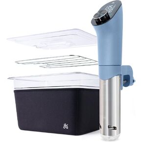 Greater Goods Pro Sous Vide Kit - An 1100 Watt, Powerful, Precise Sous Vide Cooker and Premium, Plastic Container with Sous Vide Rack, Lid, and Neoprene Sleeve | Designed in St. Louis (Stone Blue Kit)