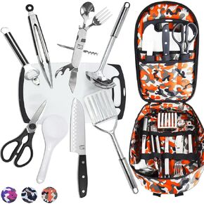 Wellmax 10-Piece Stainless Steel Camping Cooking Set – Compact All-in-One Cookware Kit with Utensils & Travel Bag for Campers, Hikers, Outdoor Adventures, Grey Camo Color