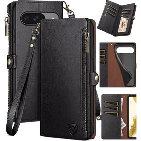 XcaseBar for Google Pixel 9 5G/Pixel 9 Pro 6.3 Wallet case with Zipper Credit Card Holder【RFID Blocking】,Flip Folio Book PU Leather Phone case Shockproof Cover Women Men for Pixel 9 case Wine Red