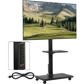 FAHKNS Mobile TV Stand with Power Outlet, Rolling TV Cart on Wheels, Mobile TV Cart for 32-70 inch TVs up to 88 lbs, Height Adjustable Portable TV Stand on Wheels, Black