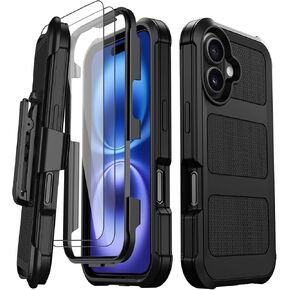 for iPhone 16 Case with 2X Screen Protector + [Kickstand & Belt Clip Holster], Military-Grade Drop Protection Bumper Heavy Duty Dustproof Shockproof Phone Case for iPhone 16 6.1"