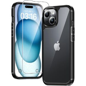 TAURI 3 in 1 for iPhone 15 Case, [Not-Yellowing] with 2X Screen Protectors, [Military Grade Drop Protection] Shockproof Slim Phone Case for iPhone 15, Black