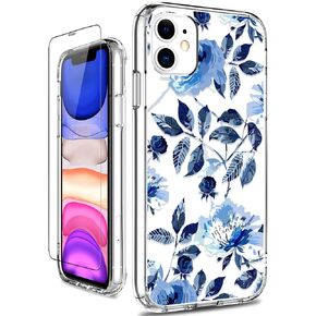 GiiKa for iPhone 11 Case with Screen Protector, Clear Heavy Duty Protective Case Floral Girls Women Shockproof Hard PC Back Case with Slim TPU Bumper Cover Phone Case for iPhone 11, Small Flowers in Kuwait