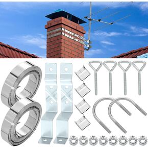 Blulu Z-Type Chimney Antenna Mounts Kits with 12 ft Adjustable Heavy Duty Galvanized Steel Straps & Hardware, Stainless Steel TV Antenna Mast Bracket for Chimney up to 12 Feet in Diameter