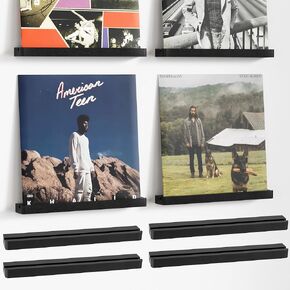 Axeman Wood Vinyl Record Shelf Wall Mount, Floating Shelves for LPs, CD, Album Holder Wall Display, Elegant Wooden Ledge for Vinyl Record Storage, Vintage Home Decor - 4 Pack, Brown