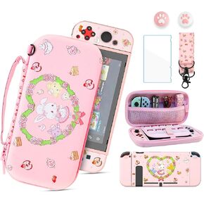 PAWDIARY Pink Carrying Case for Nintendo Switch, Cute Sheep Anime Theme Switch Accessories Bundles Set for Girls with Portable Travel Case, TPU Shell, HD Screen Protector, Shoulder Strap & Thumb Caps