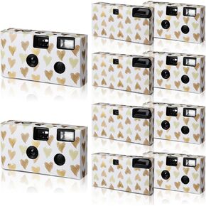 Kanayu 10 Pack Bulk Disposable Camera for Wedding, 35mm Single Use Camera with Flash Disposable Cameras One Time Camera for Wedding Anniversary Travel Camp Party Supplies(Retro Color Film, Gold Heart)