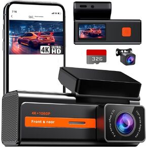Dash Cam Front and Rear, 4k+1080P Dual Dash Camera for Cars, 1.5" WiFi Mini Dashcam with App, 170°Wide Angle Car Camera, Night Vision, 24H Parking Mode, 32GB Card Included, G-Sensor, Support 256GB Max