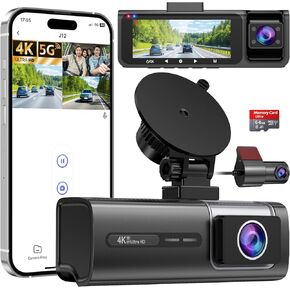 3 Channel 5G WiFi Dash Cam, 4K+1080P+1080P Dash Cam Front and Rear Inside with 64GB Card, 3.16" IPS Screen, G-Sensor, Loop Recording, Parking Monitor, 170° Wide Angle, IR Night Vision, WDR, Silver
