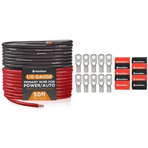 InstallGear 1/0 Gauge Wire (50ft) Copper Clad Aluminum CCA - Primary Automotive Wire and 1/0 Gauge AWG Tinned Pure Copper Lugs Ring Terminals Connectors with Heat Shrink - 10-Pack