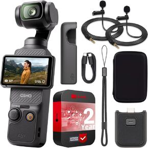 DJI Osmo Pocket 3 Creator Combo Vlogging Camera with 1'' CMOS, 4K/120fps Video, 3-Axis Stabilization, Face/Object Tracking, Fast Focus, Mic 2 Included Bundle with Deco Gear Case &2 Lapel Microphones