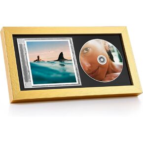 Cd Frame Display Case, 13.7" x 7.5" Display Disc and CD Box, Double Groove Record Album Frame Self Standing with Wall Hanger, Imitation Wood Polystyrene CD Display Frame, Home Decor