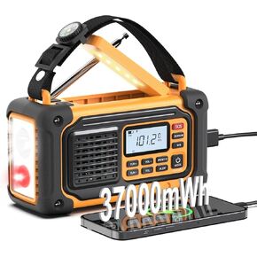 Emergency Weather Radio, AM/FM/SW/NOAA Hand Crank Radio with 37000mWh Portable Power Bank, USB/Solar/Hand Crank Charging, AAA Battery Operated, SOS Alarm & Flashlight for Indoor/Outdoor Emergency