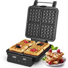 Sunvivi Stainless Steel Waffle Maker 4 Slices with Quick Heat-Up, Time & Temperature Control, LCD Display, Nonstick Surface, Perfect Waffle Iron for Kids and Families, Silver
