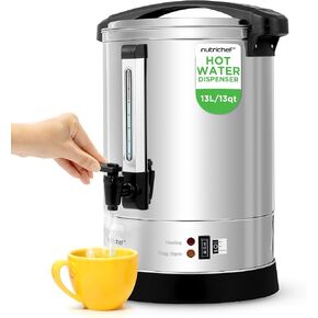 NutriChef Water Boiler and Hot Water Dispenser, 13L Electric Beverage Dispenser with Safety Lock Lid, Non-Drip Tap, Warm Function, Food Grade Stainless Steel, Home and Commercial Use, 20x11x11 in.
