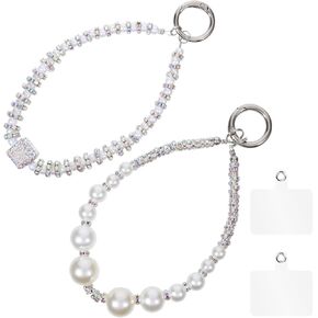 2 Pieces Phone Wrist Strap Pearl Beaded, Silver Phone Charm Cute Universal Phone Charm Phone Lanyard with Tether Tab Detachable Hands-Free Cell Phone Wristlet Strap for Most Smartphones