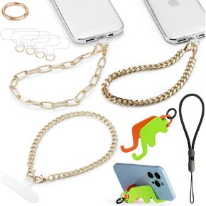 3 pcs Phone Charm with Gold Metal Chain Detachable Lanyard Hand Wrist Smartphone Strap Finger Grip Strap with 4 Patches Tether CellPhone Stand Holder Universal for iPhone 16 Pro Max 15 Charms