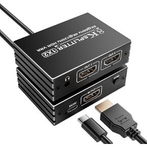 8K HDMI Splitter 1 in 2 Out for Dual Monitor - HDMI Splitter 1x2 Duplicate Mirror Screens 8K@60Hz, 4K@140Hz, EDID, HDCP, HDR10, VRR, Dolby Vision Atmos, for PS5 PS4 Xbox Fire TV Apple TV PC Laptop