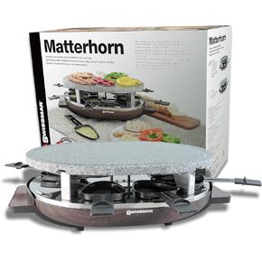 Swissmar 8-Person Raclette Party Grill with Granite Stone Top & Faux Wood Base - Electric Indoor Grill for Versatile Cooking - Includes Raclette Dishes & Spatulas, Ideal for Entertaining & Gifting