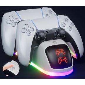 PS5 Controller Charger Station ， 2025 نسخة ترقية مع 10 وضع LED وزر RGB ، شحن سريع آمن ورسواف حماية مفرطة ل DualSense PlayStation 5 وحدات التحكم