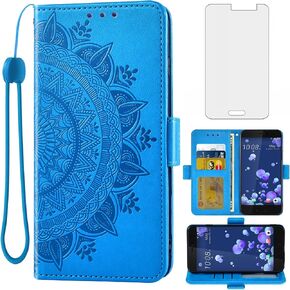 Asuwish Compatible with HTC U11 Wallet Case Tempered Glass Screen Protector Credit Card Holder Flip Purse Accessories Wrist Strap Stand Folio Lanyard Slot Cell Phone Cover for U 11 Men Blue