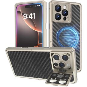 Luxury Carbon Fiber Aluminum Case for iPhone 16 Pro Max, Heavy Duty Rugged Military Protective Phone Cover with Camera Lens Protector Stand, Strong Magnetic Ring Compatible with Magsafe, Titanium