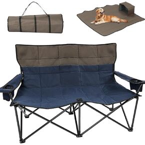 Oversized Double Camping Chairs, Folding Outdoor Chairs with Padded Roll Tote, Heavy Duty Camping Chair for Beach, Lawn, Fishing, and Sports (Blue+Gray)