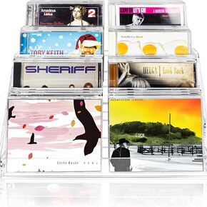 4Tier Clear Acrylic CD Holder Cascading CD Storage Rack,DVD/CD Display Rack & Vinyl Record Storage Stand Holds up to 24 Standard CD Cases for Media Shelf Storage and Organization