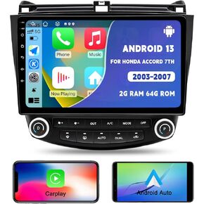 Car Radio Stereo for Honda Accord 7th 2003 2004 2005 2006 2007, Android 13 2G+64G Wireless Carplay Android Auto, 10 inch Touchscreen Car Radio Bluetooth WiFi GPS Navi FM/AM Head Unit, Backup Camera