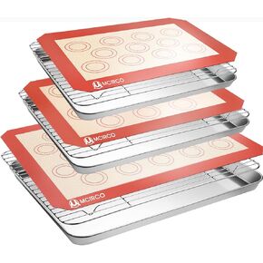 Stainless Steel Baking Sheet Tray Cooling Rack with Silicone Baking Mat Set, Cookie Pan with Cooling Rack, Set of 9 (3 Sheets + 3 Racks + 3 Mats), 10/12/16 Inch, Easy Clean