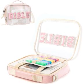 Bible Cover Case with Large Chenille Letter, Pink Bible Holder Bag with Shoulder Strap,Cute Bible Carrying Tote Cases for Women Teen Girls (Pink)
