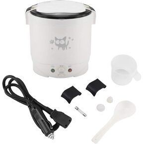 Mini Rice Cooker, 1L 12v Portable Rice Maker Electric Lunch Box for Car Food Steamer Fast Cooking Automatic Non Stick Pot for Travel Camping Cooking Soup Grain Oatmeal Veggie Stews(White)