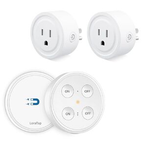 LoraTap Mini Remote Control Outlet Plug Adapter with Remote, 656ft Range Wireless Light Switch for Household Appliances, No Hub Required, 10A/1100W, White, 2 Years Warranty (One Remote + 2 Outlets)