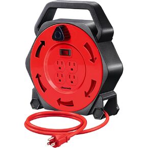 DEWENWILS Extension Cord Reel with 25 FT Power Cord, Hand Wind Retractable, 16/3 AWG SJTW, 4 Grounded Outlets, 13 Amp Circuit Breaker, Blue, Blue Cord, UL Listed